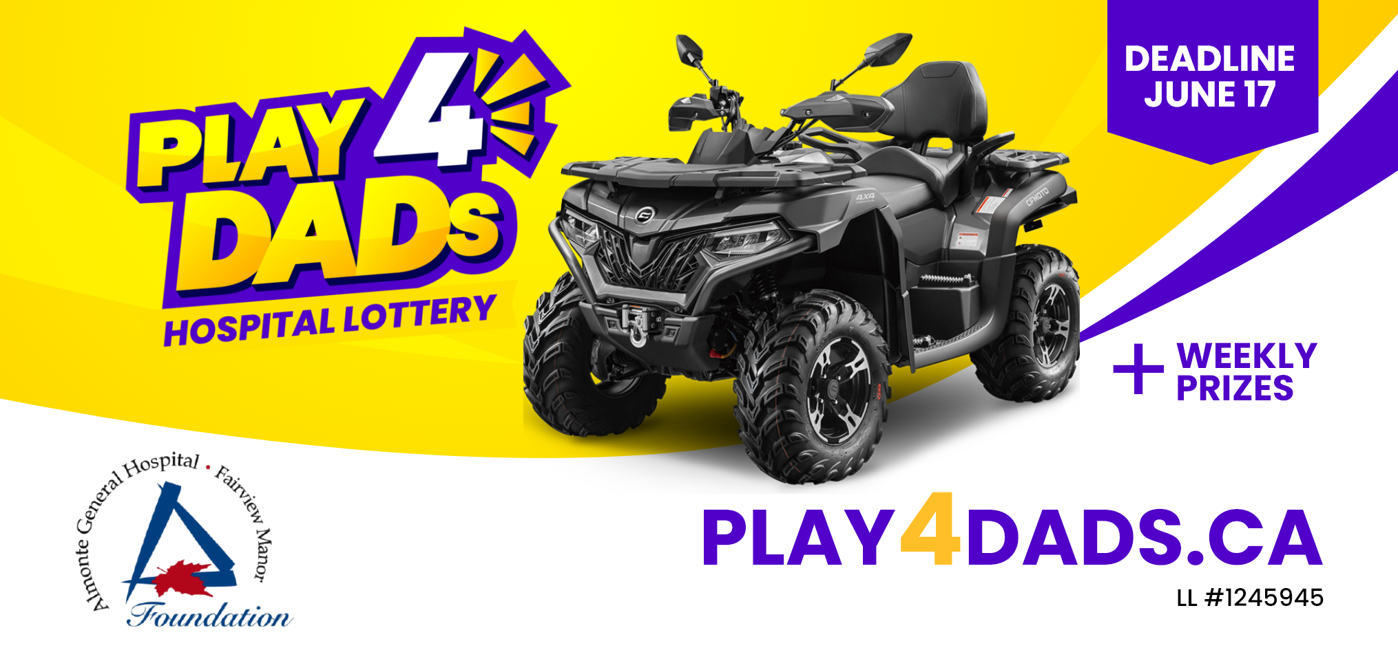 A picture containing text that read Play4Dads.ca with a picture of an ATV